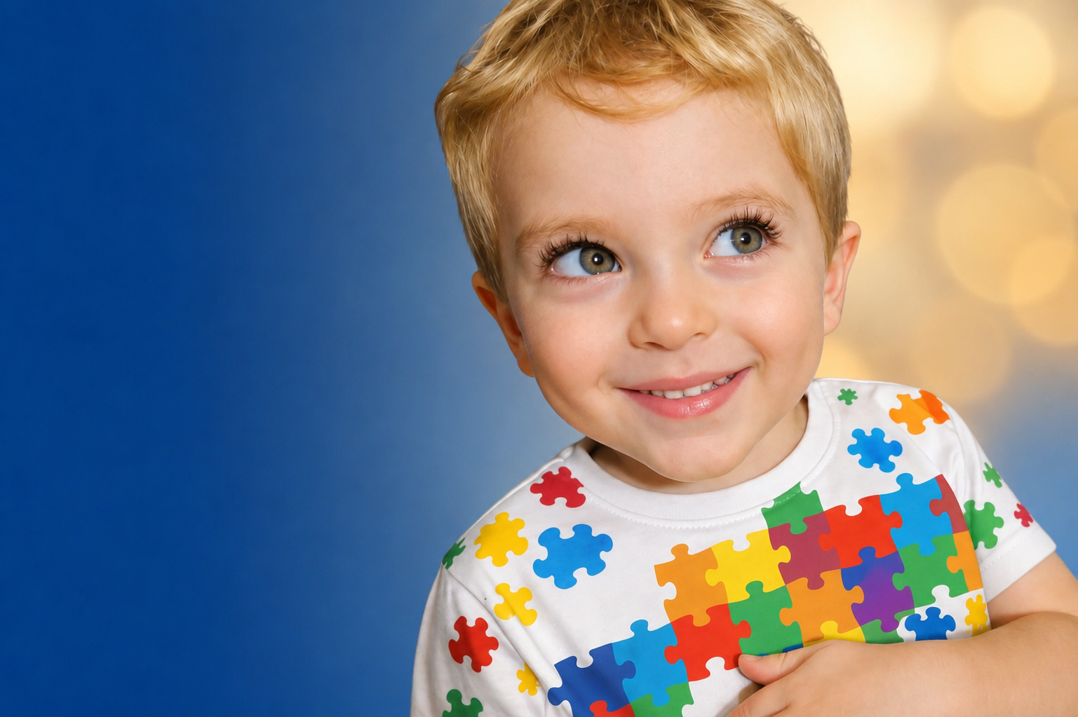 Ian Paterra sorrindo, vestindo camiseta com peças de quebra-cabeça coloridas, símbolo do autismo